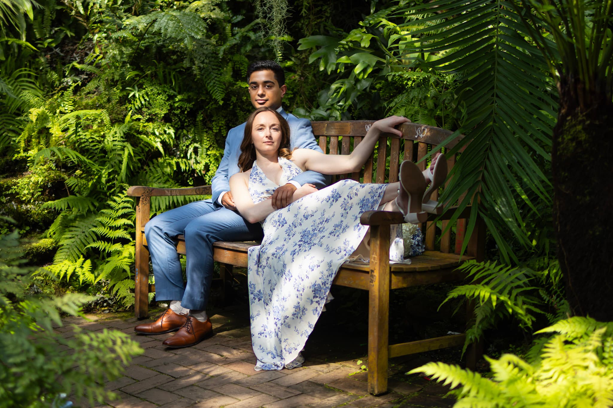 Garfield Park Conservatory engagement photography in Chicago — milestone session portrait on bench